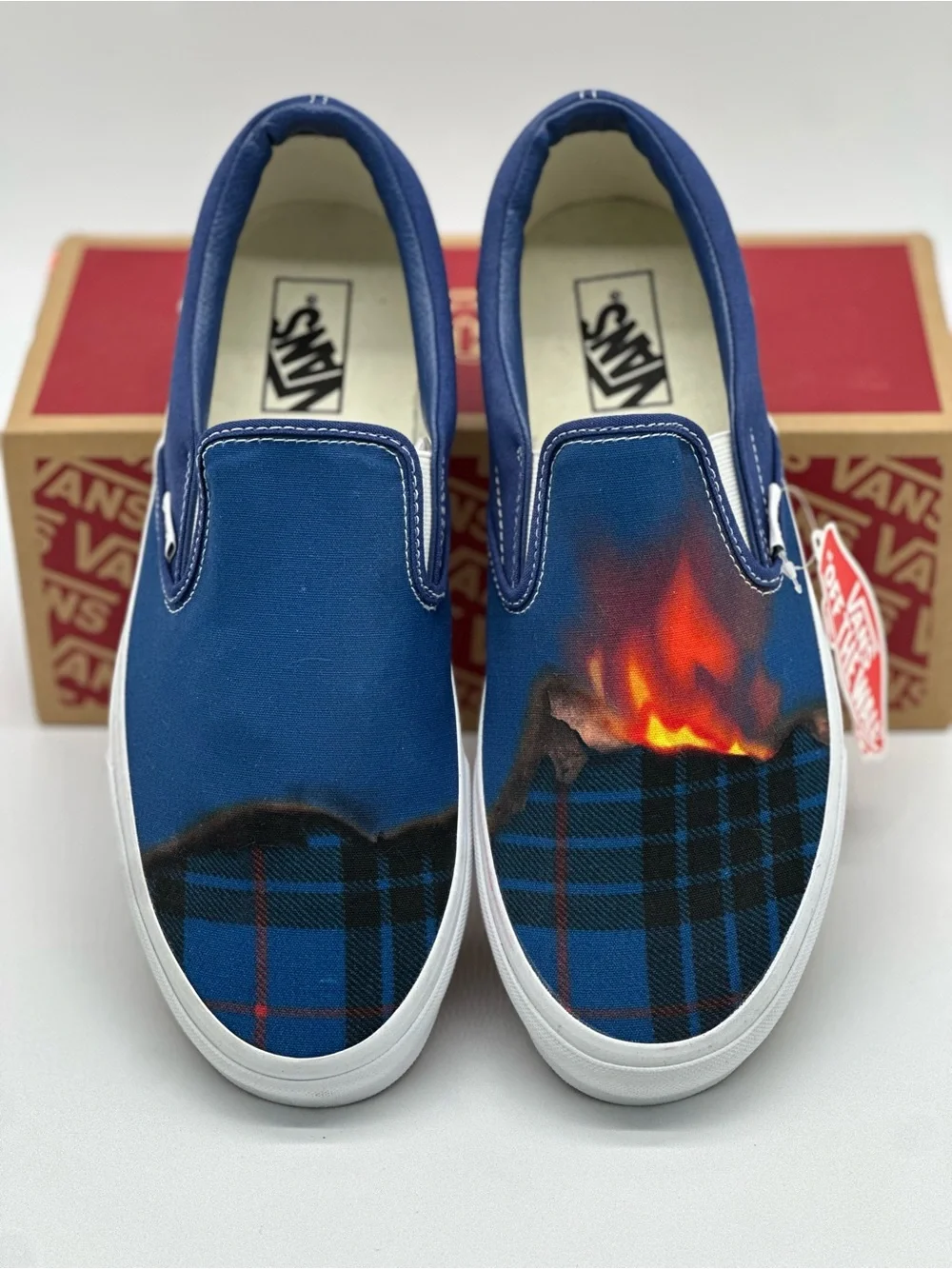 Vans Blue Plaid Slip-On Sneakers with Orange Accent